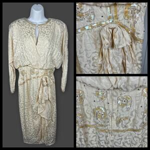 A.J. Bari Silk Cream Brocade Gold Sequin Formal Evening Dress Size 12